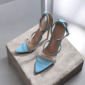 Fashion Nova Sky Blue Heels with Rhinestone Accents
